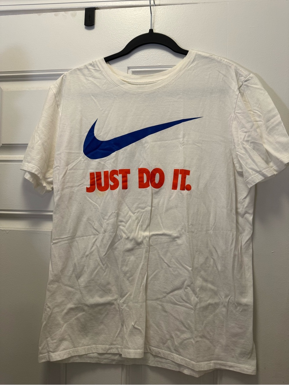 Nike White Short Sleeve T‑Shirt with Blue Swoosh and Red 'Just Do It.' 0286